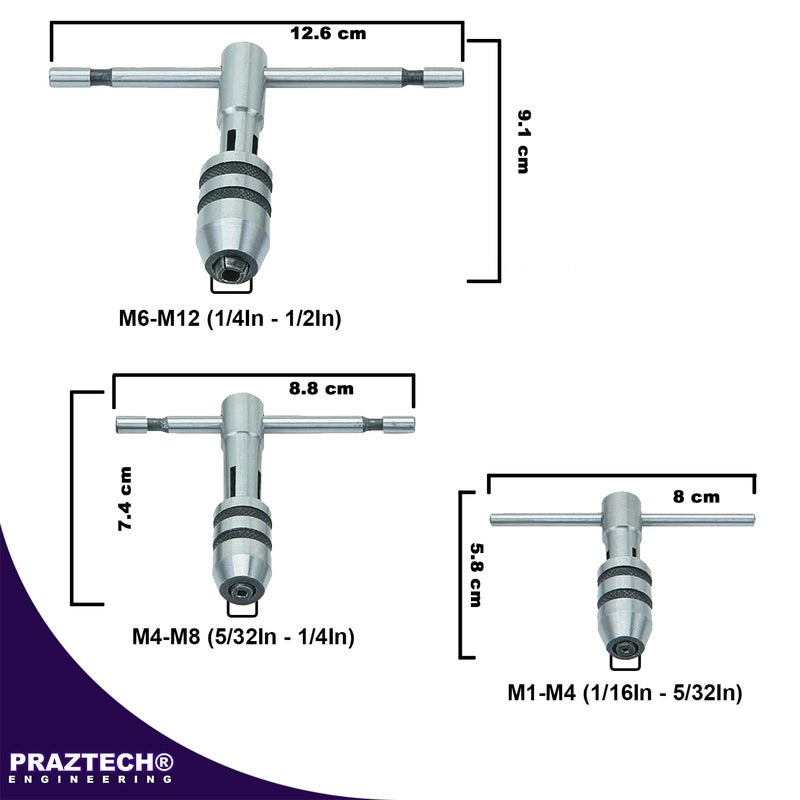 PRAZTECHÂ® ATW-0053 Adjustable T-Handle Tap Wrench Set â€“ 3 Piece M1-M4 / M4-M8 / M6-M12 - Image 5